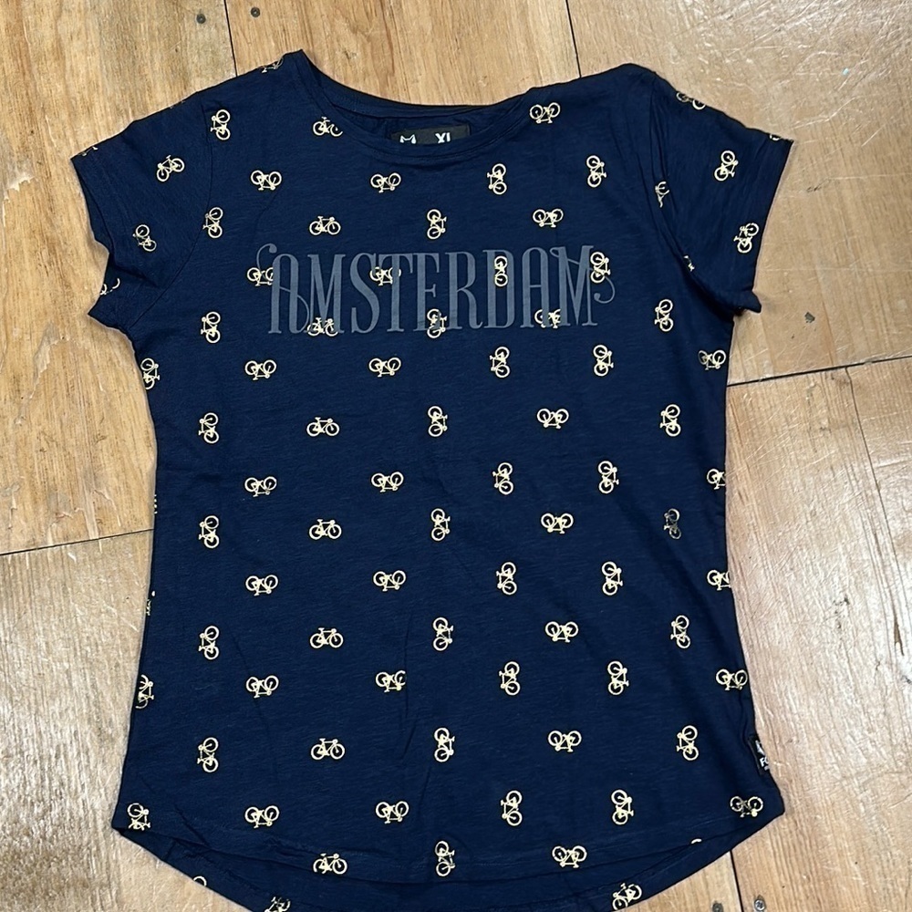Amsterdam Souvenir Shirt / Tee , L, NEW!!!  Navy with metallic Bicycles, cotton